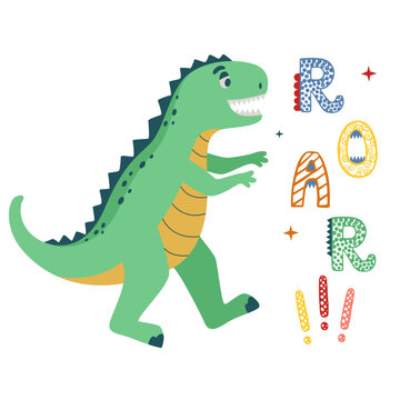 Roar dinosaur t-rex typography for print on tee. Cool dino tyrannosaur Perfect for decoration, nursery t-shirt, kids apparel, invitation, simple child design. Vector illustration isolated