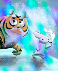 Drawing of an important hare and a frightened tiger