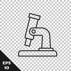Black line Microscope icon isolated on transparent background. Chemistry, pharmaceutical instrument, microbiology magnifying tool. Vector