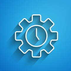 White line Time Management icon isolated on blue background. Clock and gear sign. Productivity symbol. Long shadow. Vector