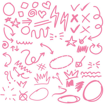 Doodle Swash Pink Thin Line Set Termasuk Heart, Stroke, Circle dan Arrow Sign. Ilustrasi vektor