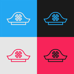 Pop art line Pirate hat icon isolated on color background. Vector