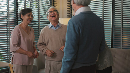 Group elderly having fun, talking, smiling at home