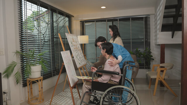 Group of Asian old women in nursing home Concentrate happy paint canva
