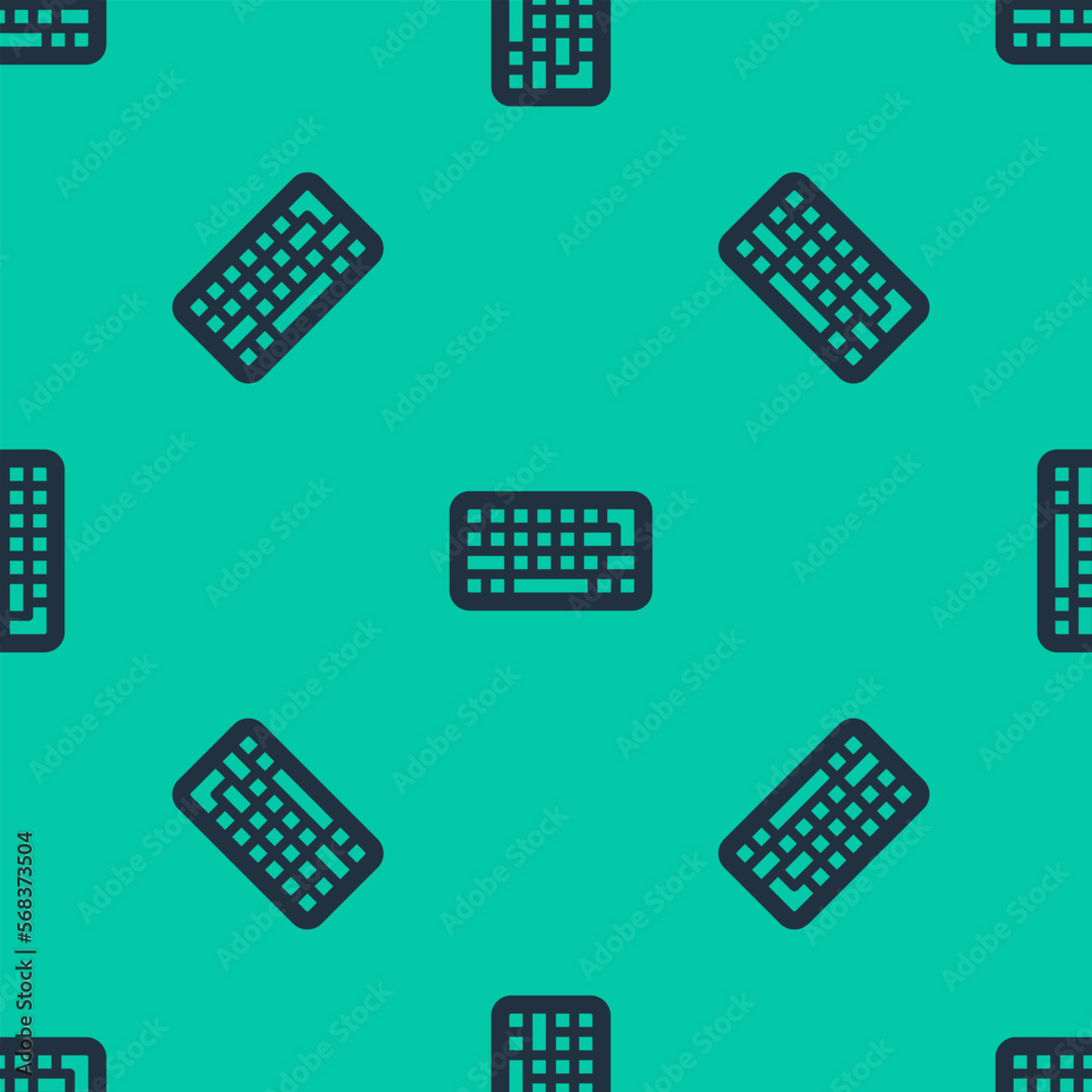 Poster blue line computer keyboard icon isolated seamless pattern on green background. pc component sign. v