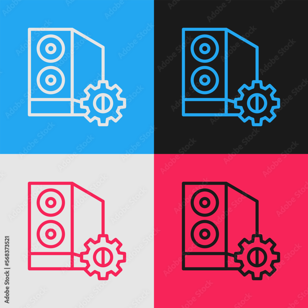 Poster pop art line case of computer setting icon isolated on color background. computer server. workstatio