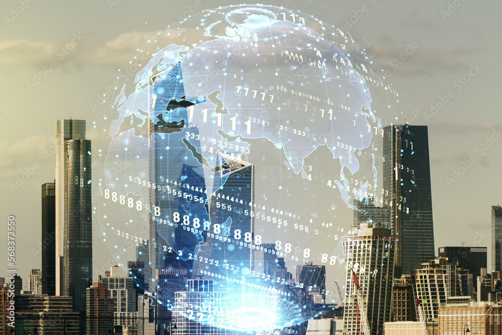 Poster multi exposure of abstract programming language hologram and world map on manhattan office buildings