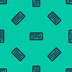 Blue line Computer keyboard icon isolated seamless pattern on green background. PC component sign. Vector