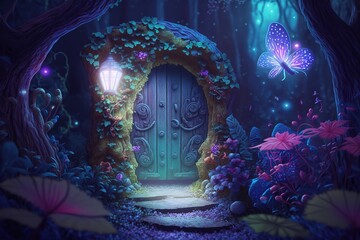 Fantasy enchanted fairy tale woodland with flying fairytale magic butterflies in the trees, magical opening hidden doors. Generative Ai.