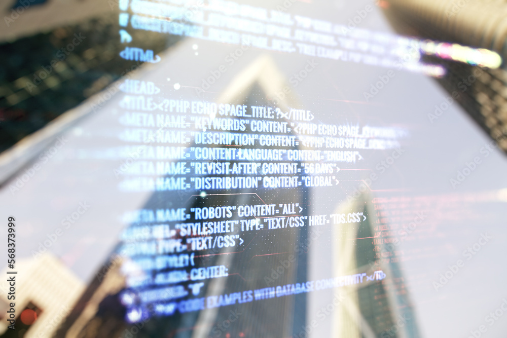 Aufkleber multi exposure of abstract software development hologram on modern skyscrapers background, research 