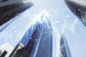Double exposure of abstract financial chart with world map on office buildings background, research and analytics concept