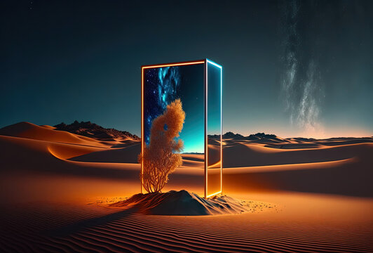 A surreal night desert landscape. Abstract sand dunes reflected in a square mirror. Yellow neon light, starry sky. A gateway to a parallel world. An immersive reality. 3D rendering. AI generated