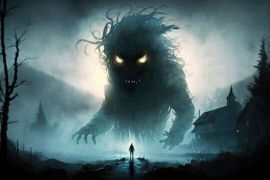 Brocken ghost monster in mountain forest, concept of Phantom Creature and Spectral Being, created with Generative AI technology