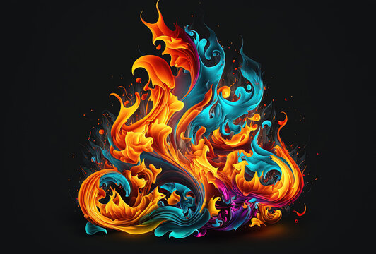 Multicolored neon fire on a dark background. Surrealistic flames of red, blue and yellow. Fantastic moving pattern. 3D render. AI generated.