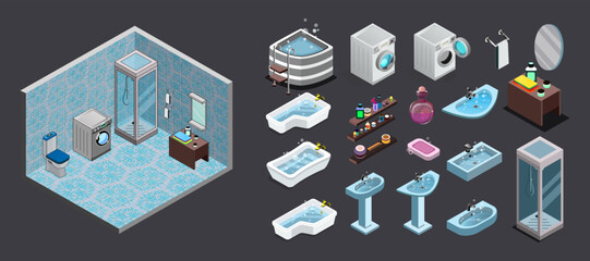 A set of isometric items for the bathroom. Vector interior, cartoon graphics for a game simulator, magazine illustration, visualization of a room. Sinks, shower cubicles, bathrooms, Jacuzzi, shelves.
