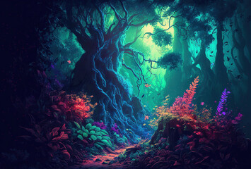 A fairytale forest, a surreal, mystical landscape. The dark trees are illuminated by multicolored psychedelic neon light. A mysterious path through the thicket. 3D rendering. AI generated.