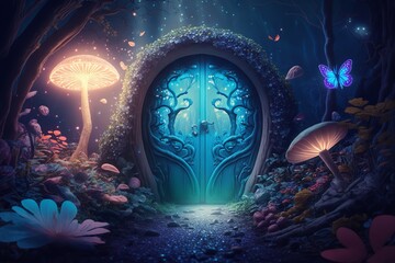 Fantasy enchanted fairy tale woodland with flying fairytale magic butterflies in the trees, magical opening hidden doors. Generative Ai. - obrazy, fototapety, plakaty