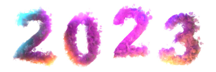 Year 2023 written with colorful cloud shape font. 2023  colorful smoke numbers isolated on transparent background