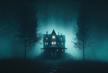 Scary old haunted house in the woods. Dwelling of a witch, a sorcerer. Mystical creepy night fog. 3D rendering. AI generated.
