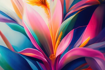 Colorful vibrant floral background of tropical plants and flowers. Generated AI.