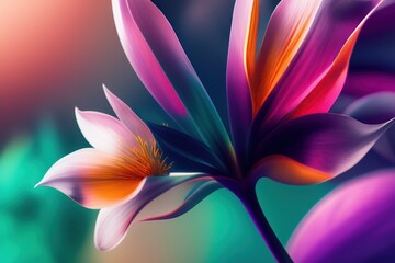 Colorful vibrant floral background of tropical plants and flowers. Generated AI.