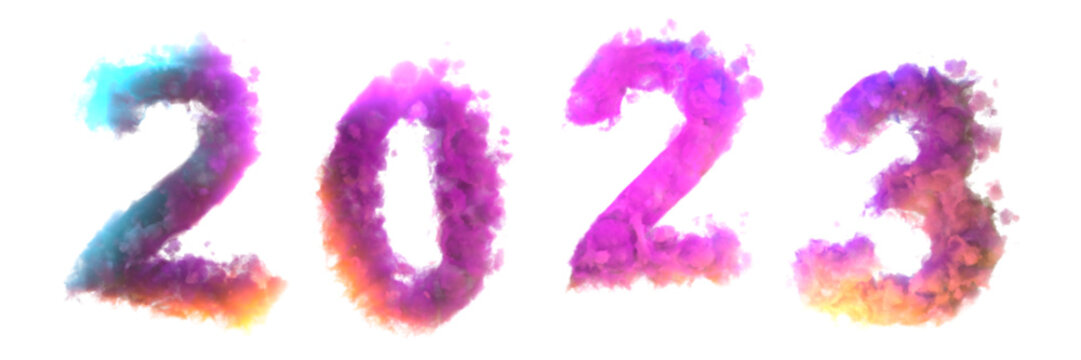 Year 2023 Written With Colorful Cloud Shape Font. 2023  Colorful Smoke Numbers Isolated On Transparent Background