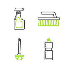 Set line Plastic bottles for liquid dishwashing liquid, Toilet brush, Brush cleaning and Cleaning spray with detergent icon. Vector