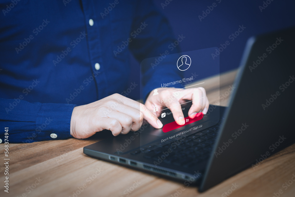 Poster Man protecting personal data on a computer laptop and virtual interface. Cyber security concept to protect data. Secure encryption and access to the user's private information to access the internet.