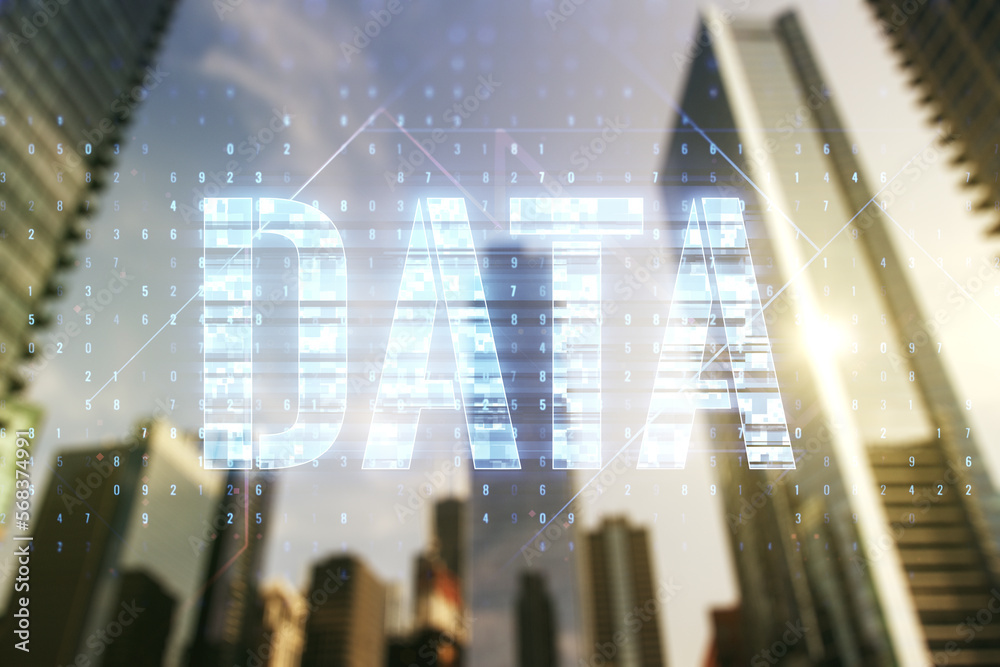 Poster data word hologram on blurry cityscape background, big data and blockchain concept. multiexposure