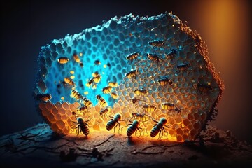 Thousands of bees working on a bee honeycomb swarm. Generative Ai.