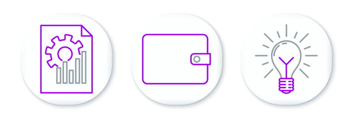 Set line Light bulb with rays shine and concept of idea, Document graph chart and Wallet icon. Vector