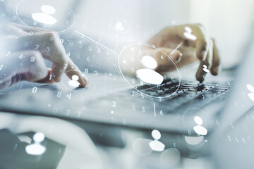 Social network media concept with hands typing on computer keyboard on background. Double exposure