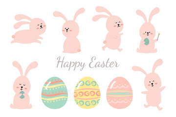 Cute Easter buunies and colorful Easter eggs. Flat Easter rabbit vector. Hand-drawn Easter nursery illustration set.