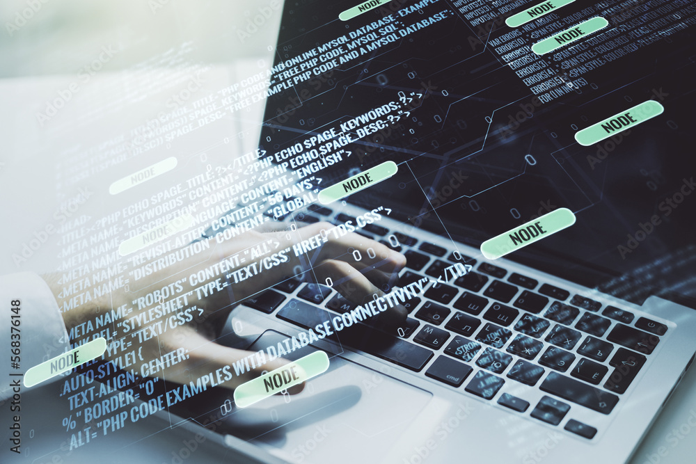 Fototapete Double exposure of abstract programming language hologram with hands typing on laptop on background, research and development concept