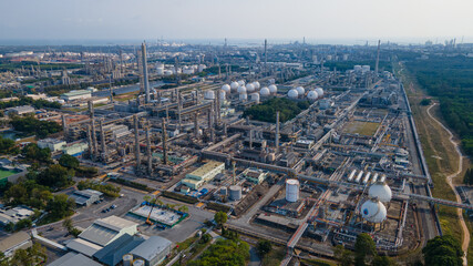 Aerial view of Oil and gas industry - refinery, Shot from drone of Oil refinery and Petrochemical plant at twilight, Rayong, Thailand