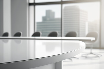 empty table top with blurry background of an office meeting room, ai generated