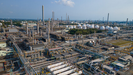 Aerial view of Oil and gas industry - refinery, Shot from drone of Oil refinery and Petrochemical plant at twilight, Rayong, Thailand