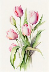 Watercolor painting of blooming tulip flowers, Generative AI