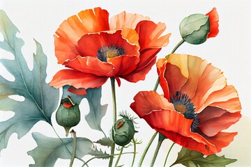 Watercolor painting of blooming poppy flowers, Generative AI
