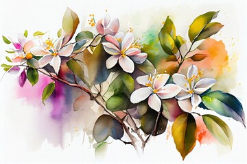 Watercolor painting of blooming jasmin flowers, Generative AI