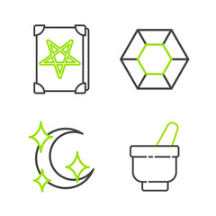 Set line Magic mortar and pestle, Moon stars, stone and Ancient magic book icon. Vector