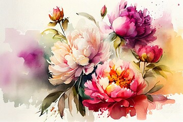 Watercolor painting of blooming peonies flowers, Generative AI