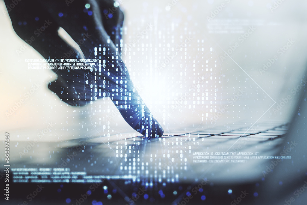 Poster creative code skull sketch and hands typing on computer keyboard on background, theft of personal da