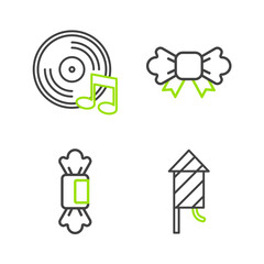 Set line Firework rocket, Candy, Bow tie and Vinyl disk icon. Vector