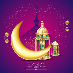 Obraz na płótnie Canvas Islamic eid festival greeting with lamp and moon post and web banner
