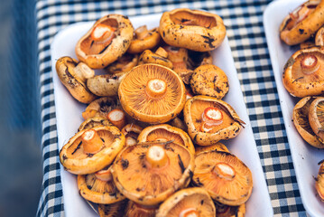 Delicious red pine mushrooms at the local market.