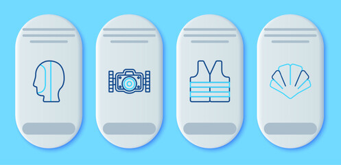 Set line Photo camera, Life jacket, Diving hood and Scallop sea shell icon. Vector