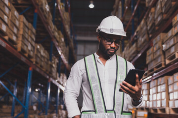 Black male staff using digital barcode scanner working checking stock in logistic warehouse
