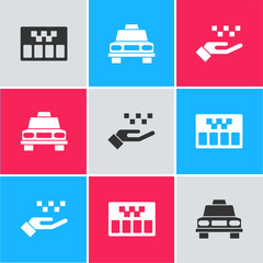 Set Taximeter, car and Hand with taxi icon. Vector