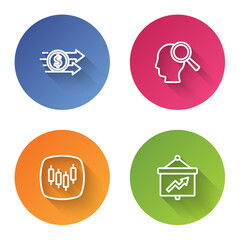 Set line Financial growth dollar, Search people, Browser with stocks market and Board graph. Color circle button. Vector